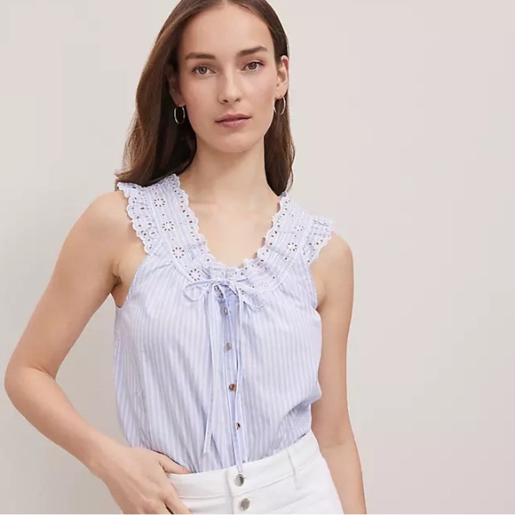NWT Ann Taylor Striped Eyelet Tie Neck Top - Picture 1 of 6